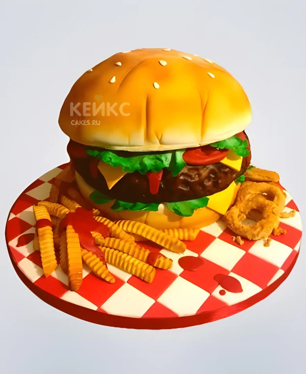 Сочный 3D торт Гамбургер с картофелем и луковыми кольцами Фото