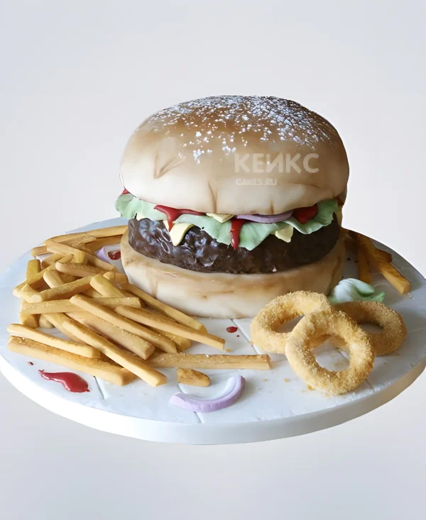 Торт 3D гамбургер с луковыми кольцами Фото