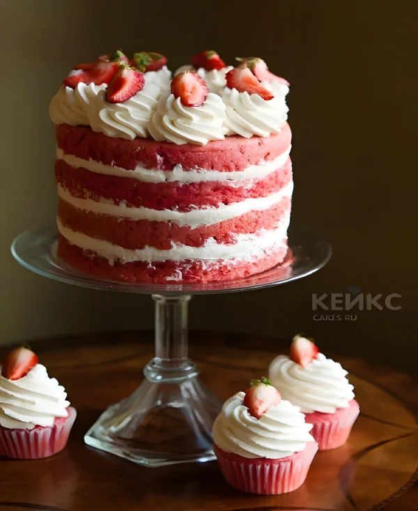 Розовый торт с открытыми коржами и клубникой Фото