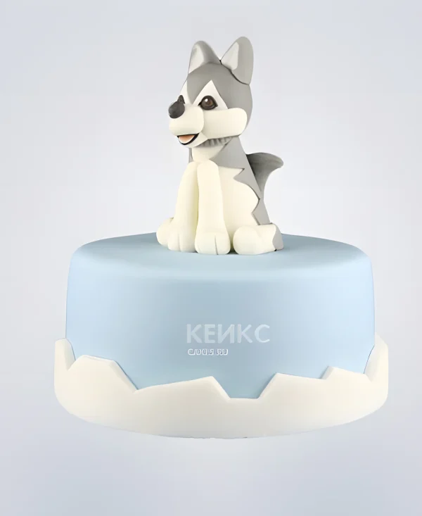Нежно-голубой торт с хаски для девочки Фото