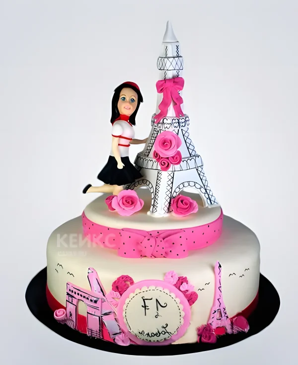 Торт с девушкой и Эйфелевой башней ярко-розовый Фото