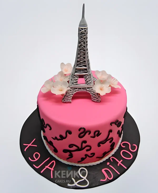 Торт Эйфелева башня с цветами и фигуркой Фото