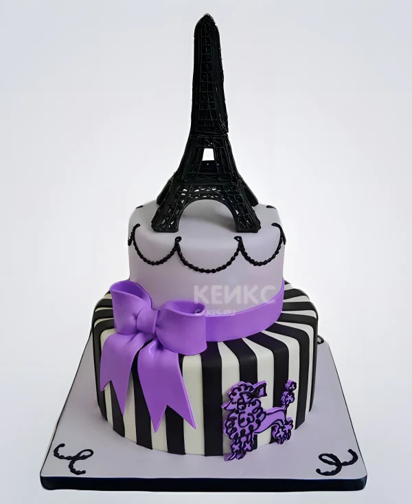 Торт Эйфелева башня с большим фиолетовым бантом Фото