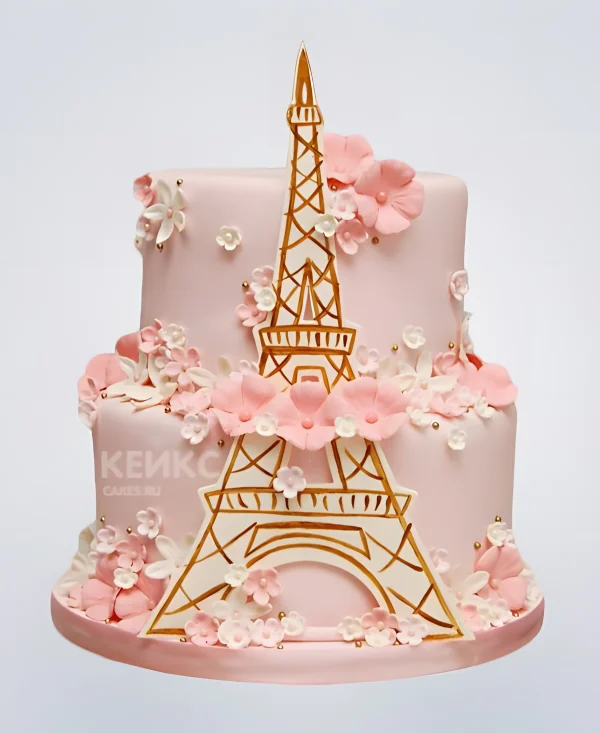 Торт Эйфелева башня а аппликацией и розовыми цветочками Фото