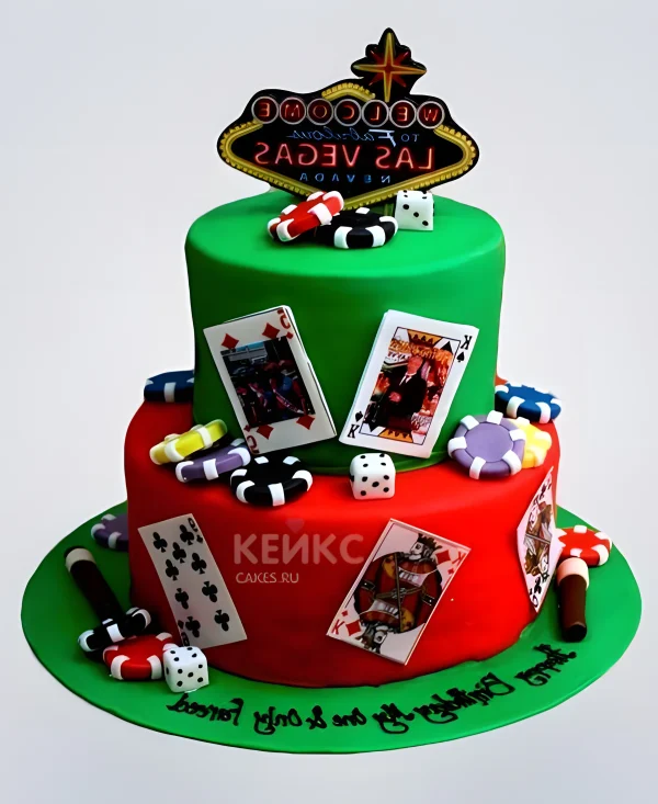 Красно-зеленый торт казино с надписью Фото
