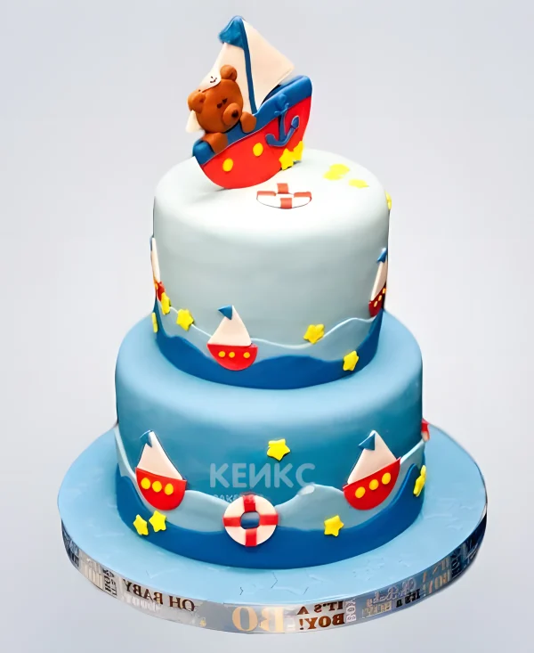Детский торт с корабликом и спасательным кругом Фото