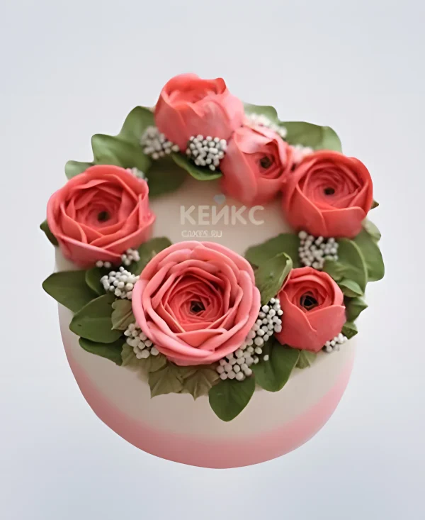 Нежный белый-розовый торт в Корейском стиле Фото