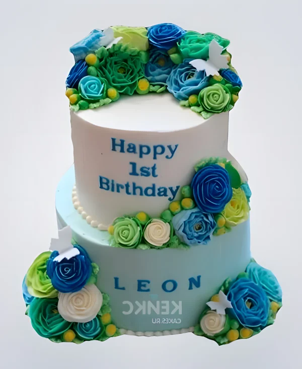 Бело-голубой цветочный торт в Корейском стиле Фото