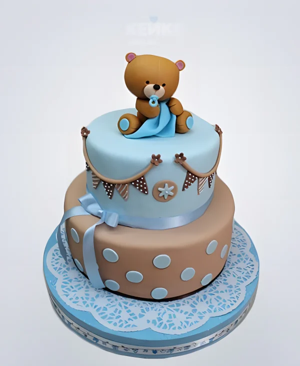 Детский коричнево-голубой торт с медвежонком Фото