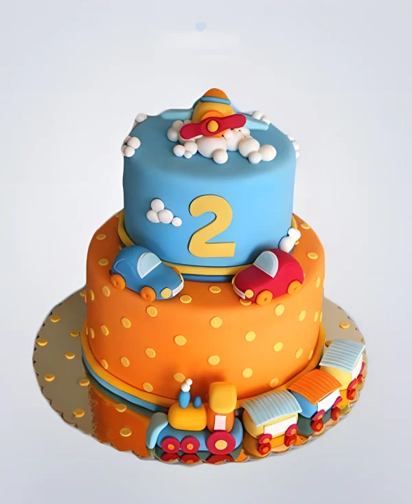 Оранжевый двухъярусный торт с поездом и машинками Фото