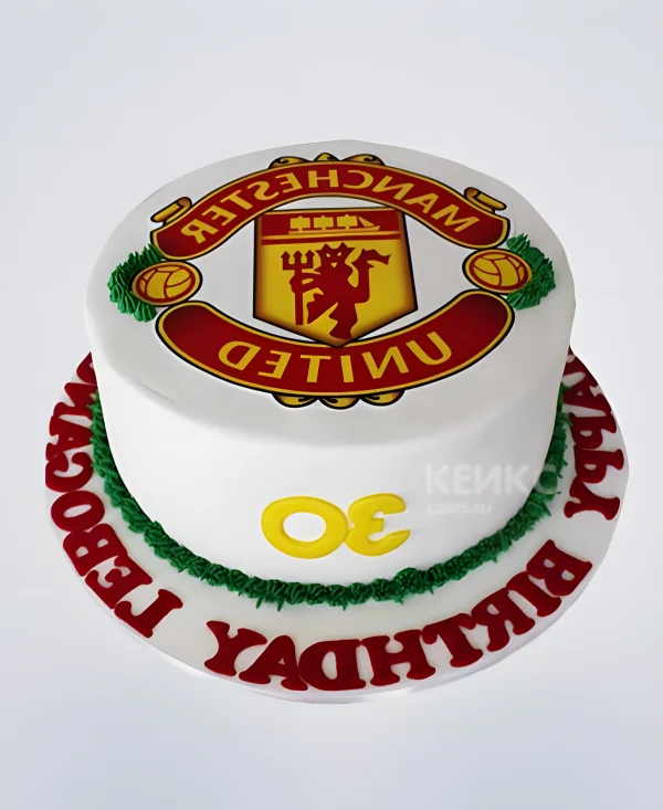 Белый торт Манчестер Юнайтед с надписью и логотипом Фото