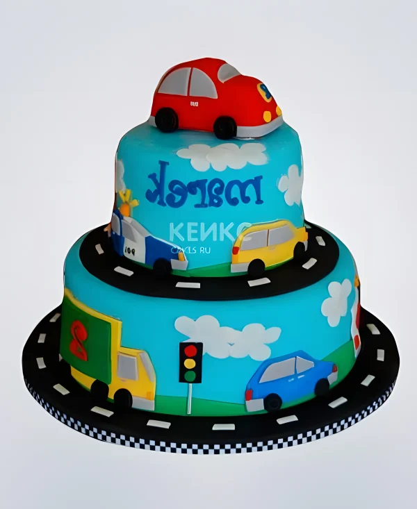 Голубой торт с машинками на дороге Фото