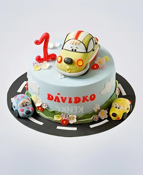 Милой торт  с фигурками машинок и цифрой Фото