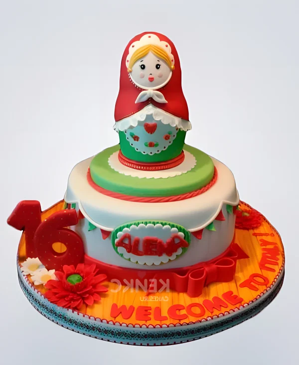 Красивый торт из мастики с матрешкой и цифрой Фото