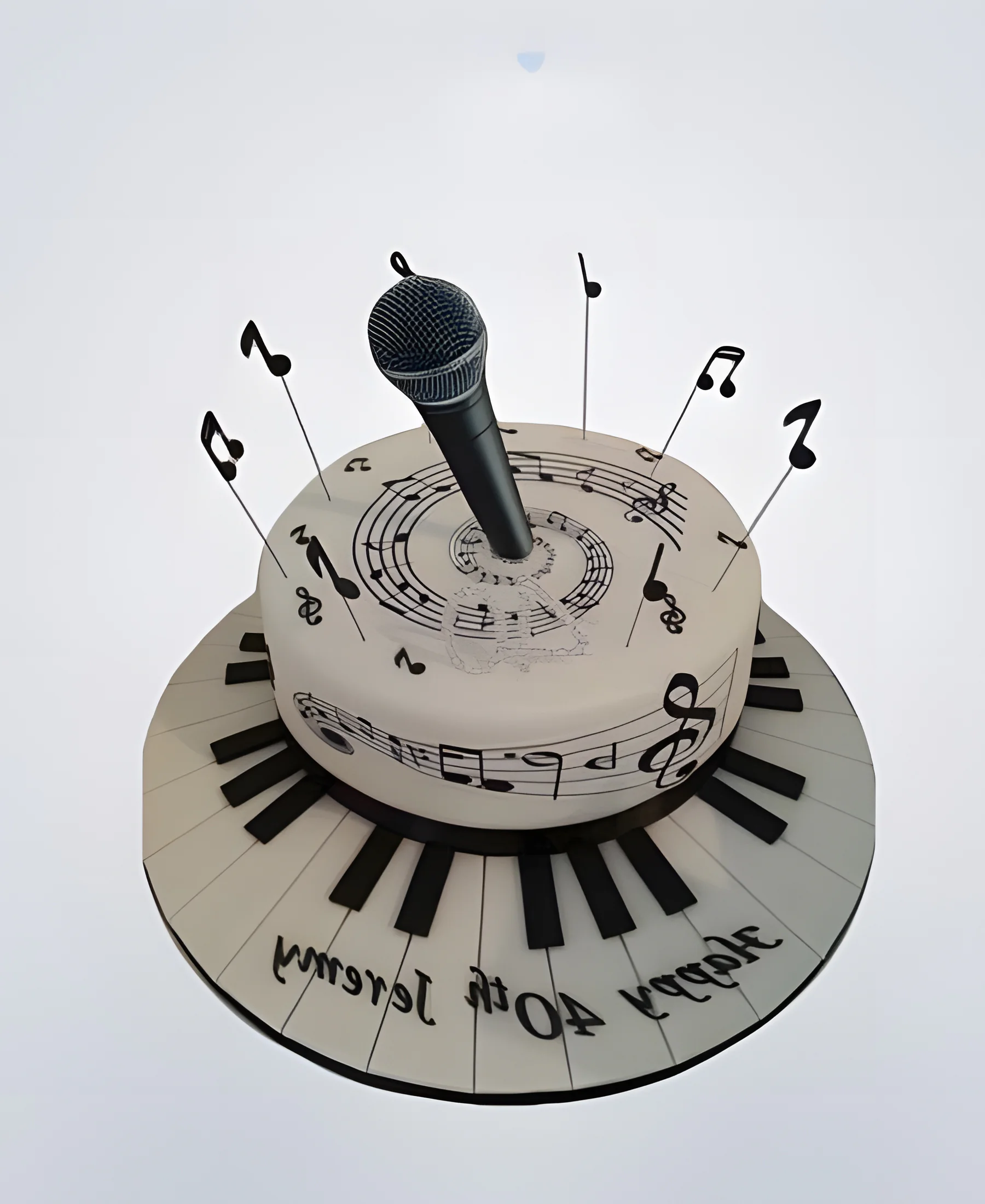 Белый торт микрофон с нотами и клавишами Фото