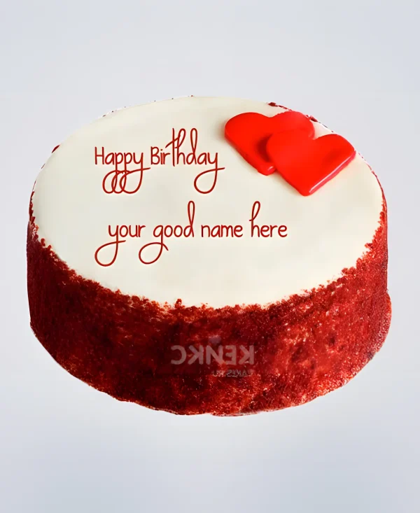 Бело-красный торт с сердечками и надписью Фото