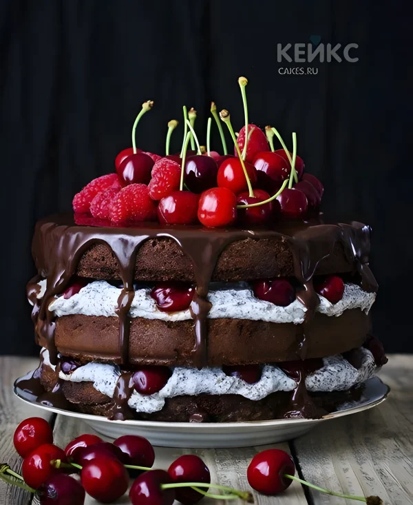 Шоколадный торт с глазурью и вишней без мастики Фото