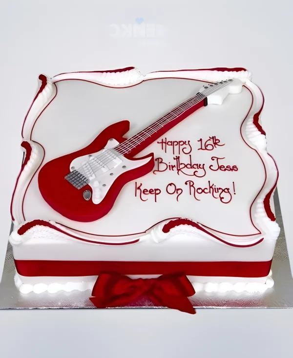 Красно-белый торт с гитарой и надписью Фото