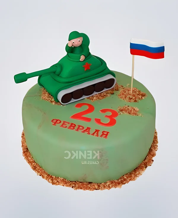 Торт на день защитника отечества с танком и флагом Фото