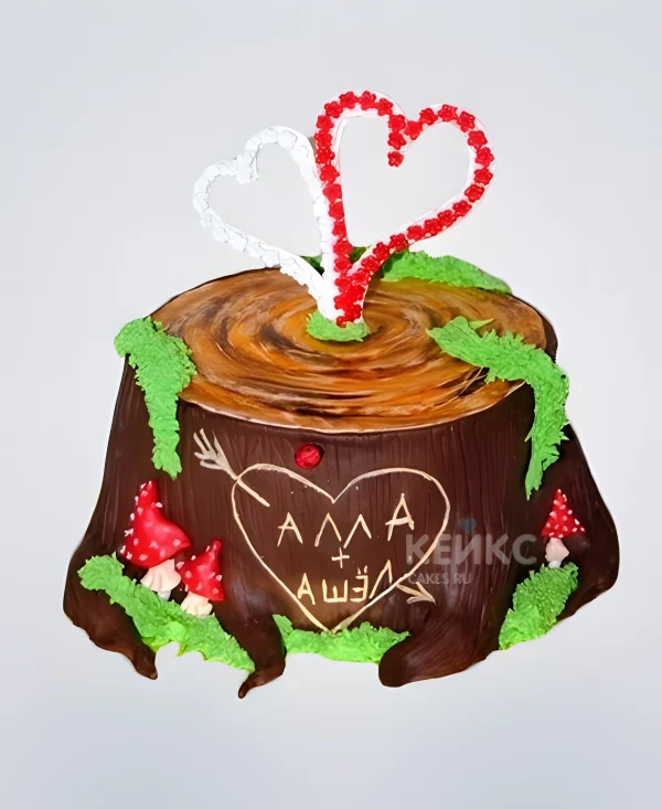 Торт на деревянную свадьбу в виде пенька с инициалами Фото