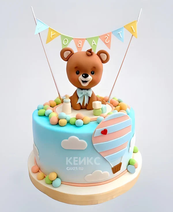 Торт на день рождения ребенку с воздушными шарами и мишкой Фото
