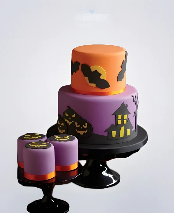 Оранжево-фиолетовый торт с тыквами и летучими мышами на Хэллоуин Фото