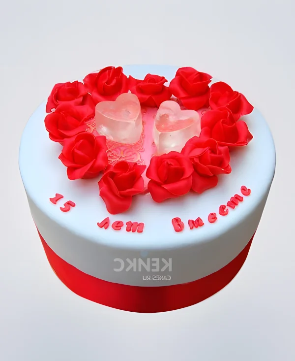 Торт на хрустальную свадьбу с розами из мастики и надписью Фото