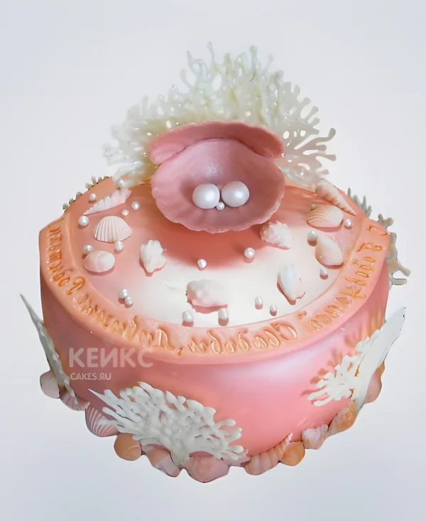 Блестящий торт на коралловую свадьбу с жемчугом Фото