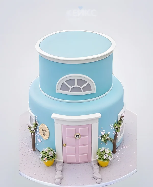 Голубой двухъярусный торт на новоселье в виде дома Фото