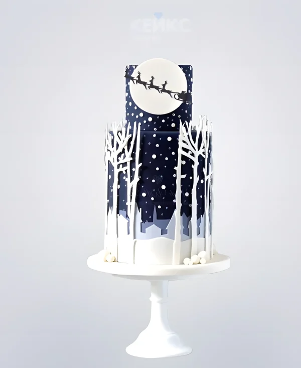 Торт на новый год с красивым пейзажем Фото