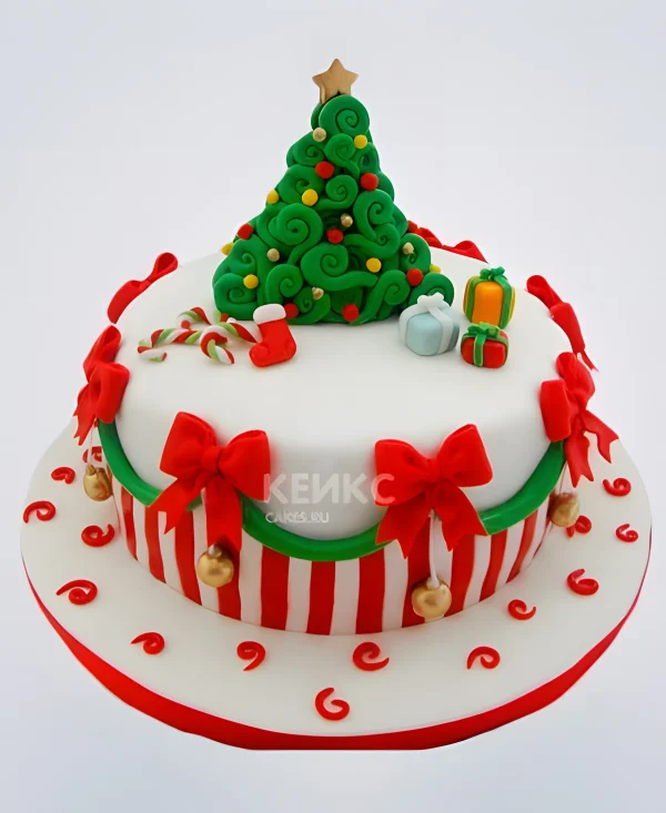 Торт на новый год из мастики с ёлкой и подарками Фото