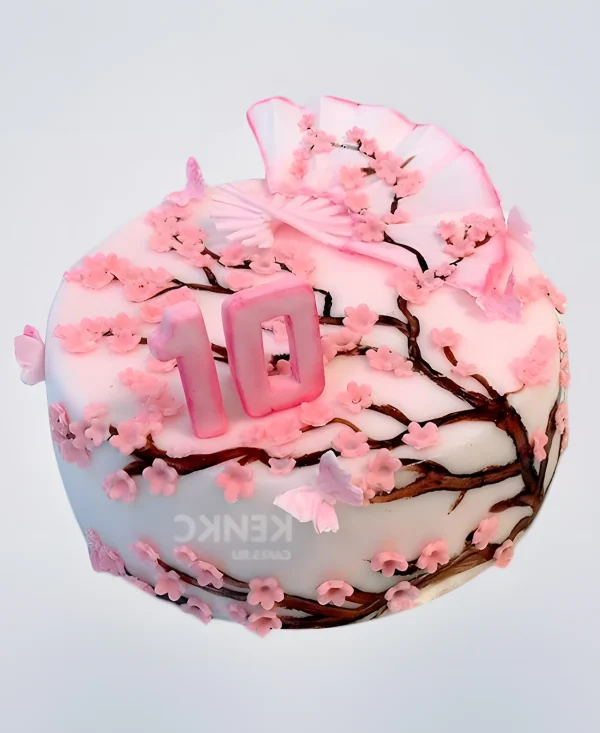 Торт на розовую свадьбу с сакурой и цифрой Фото