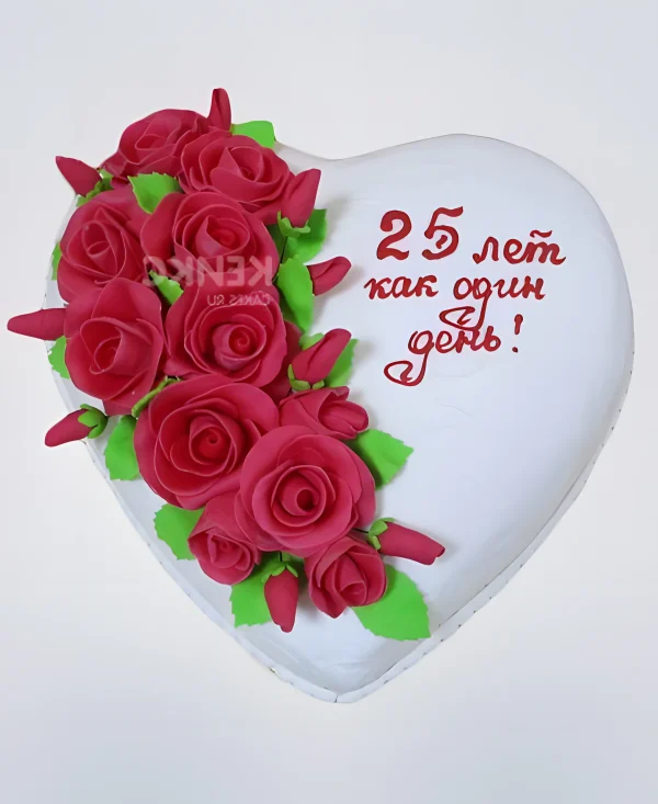 Шикарный торт на серебряную свадьбу с красными розами Фото