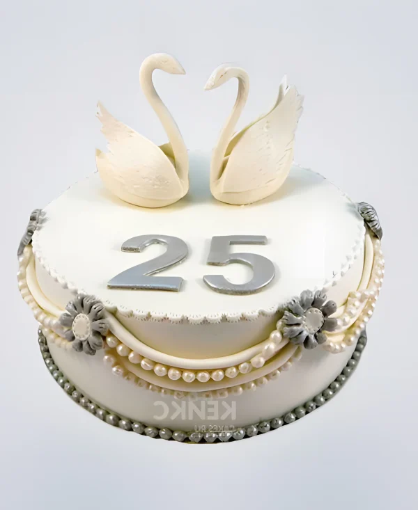 Торт на серебряную свадьбу с цифрой и лебедями Фото