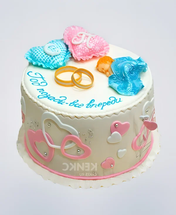 Торт на годовщину ситцевой свадьбы с кольцами Фото