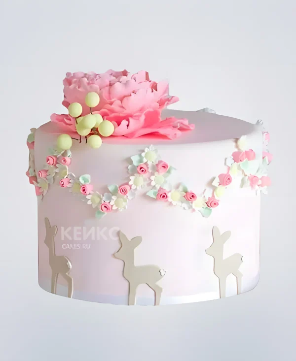 Новогодний белый торт с оленями Фото