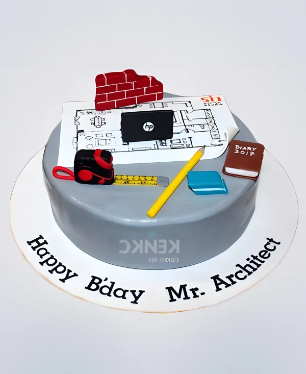 Серый торт для строителя с надписью Фото