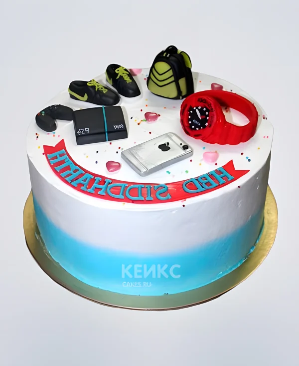 Необычный торт с красными часами и надписью Фото