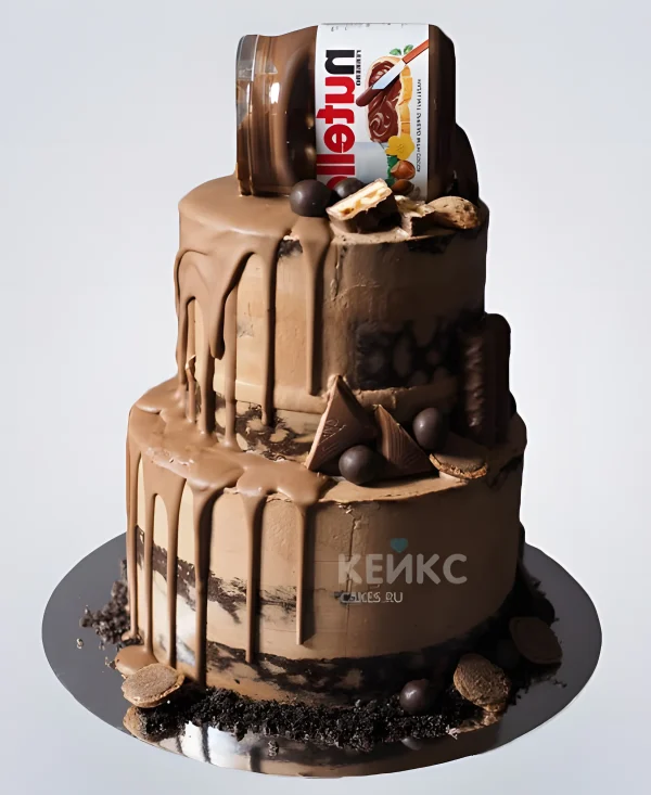 Шоколадный торт с сладостями и банкой Нутеллы Фото