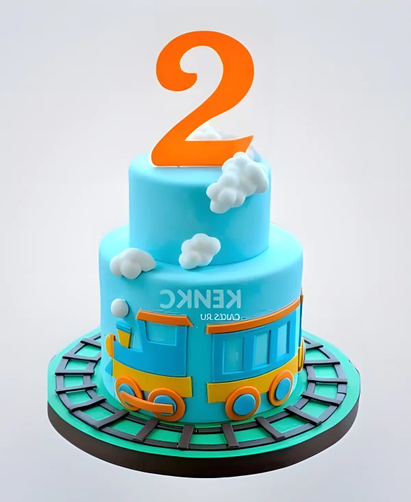 Голубой торт с паровозом и цифрой Фото