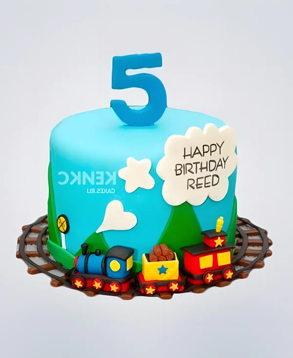 Голубой торт с паровозом и надписью Фото