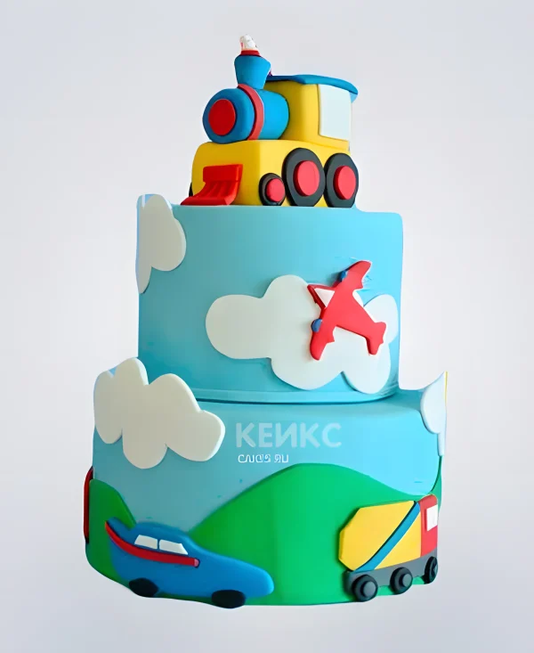 Синий торт с поездом для мальчика Фото