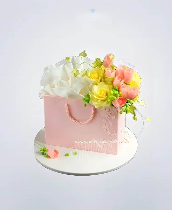 Торт в виде розового подарочного пакета с цветами Фото