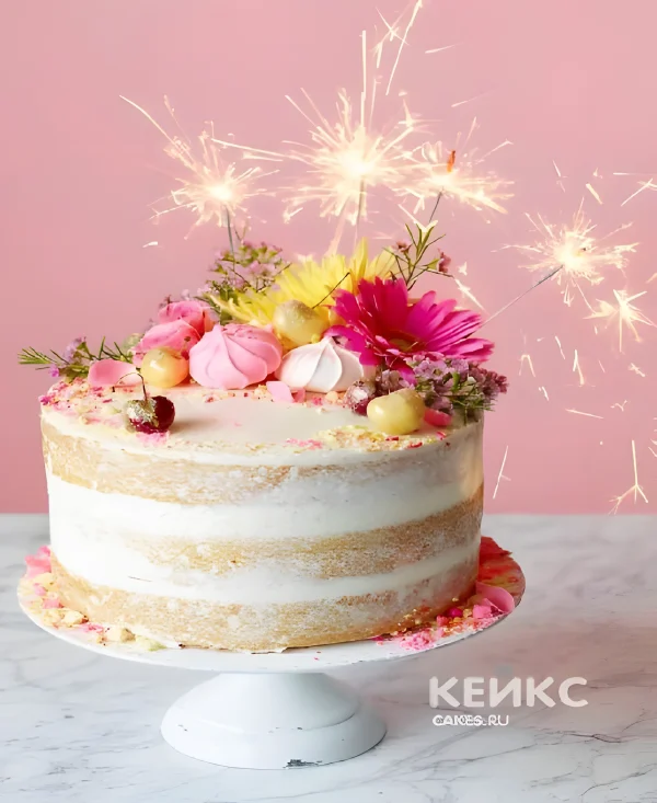 Яркий торт с цветами и зефиром Фото