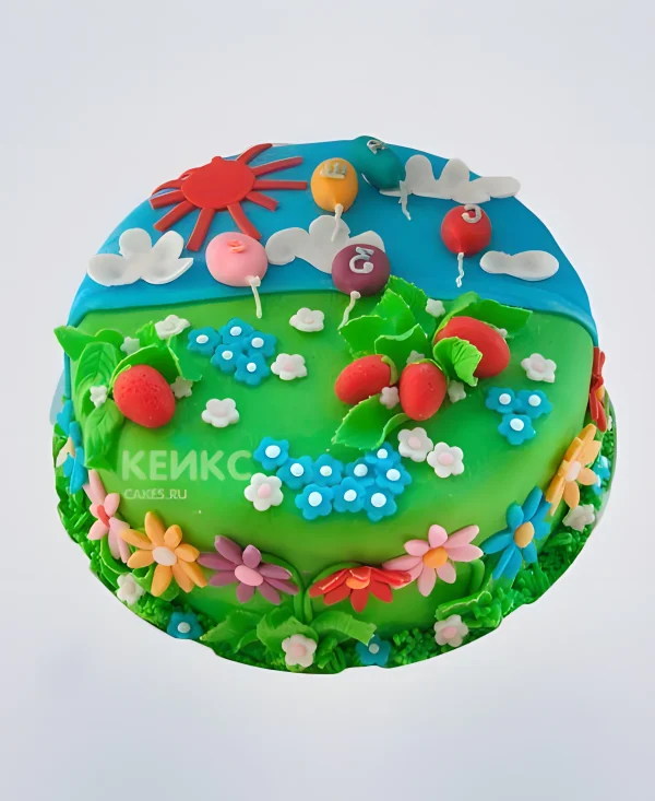 Яркий торт в виде поляны с цветами Фото