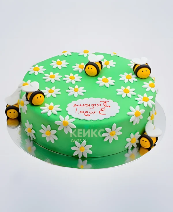 Яркий торт с ромашками и пчелками Фото