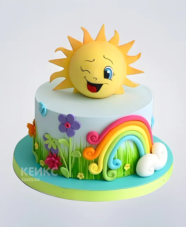 Яркий торт с солнышком и радугой Фото