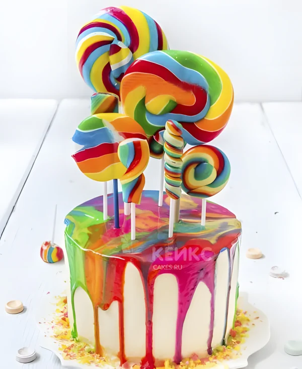Торт радуга с разноцветными сладостями Фото