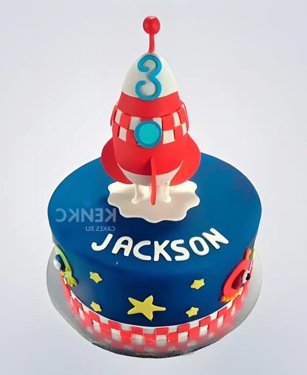 Синий торт с фигуркой ракеты и звездами Фото