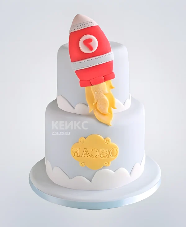 Двухъярусный торт голубой с ракетой Фото